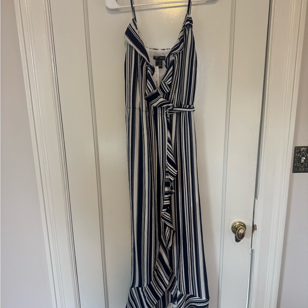 Aqua Navy and White Striped High Low Dress